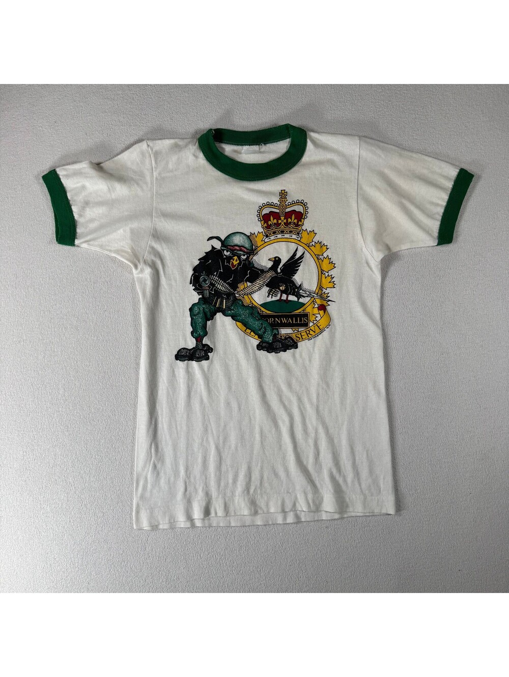 Vintage 1988 CFB Cornwallis Air Force Ringer T-Shirt with Cartoon Military Bird